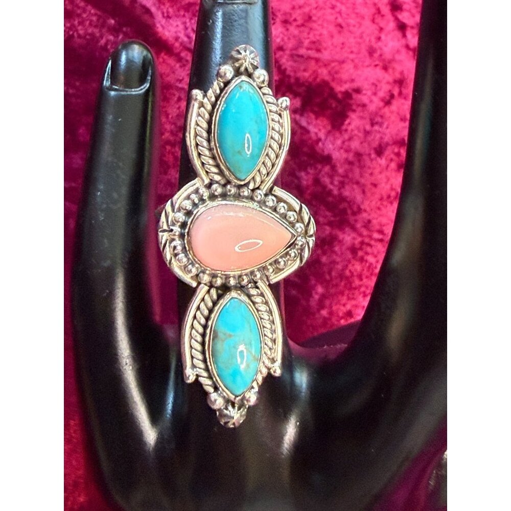 Sterling Silver Ring Turquoise Stones & Pink Conch Shell Size 7 Statement Jewelr